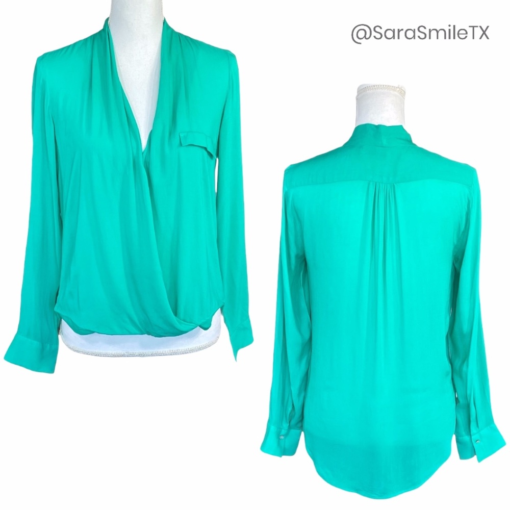 ZARA Bright Aqua Green Faux Wrap Long Sleeve Top